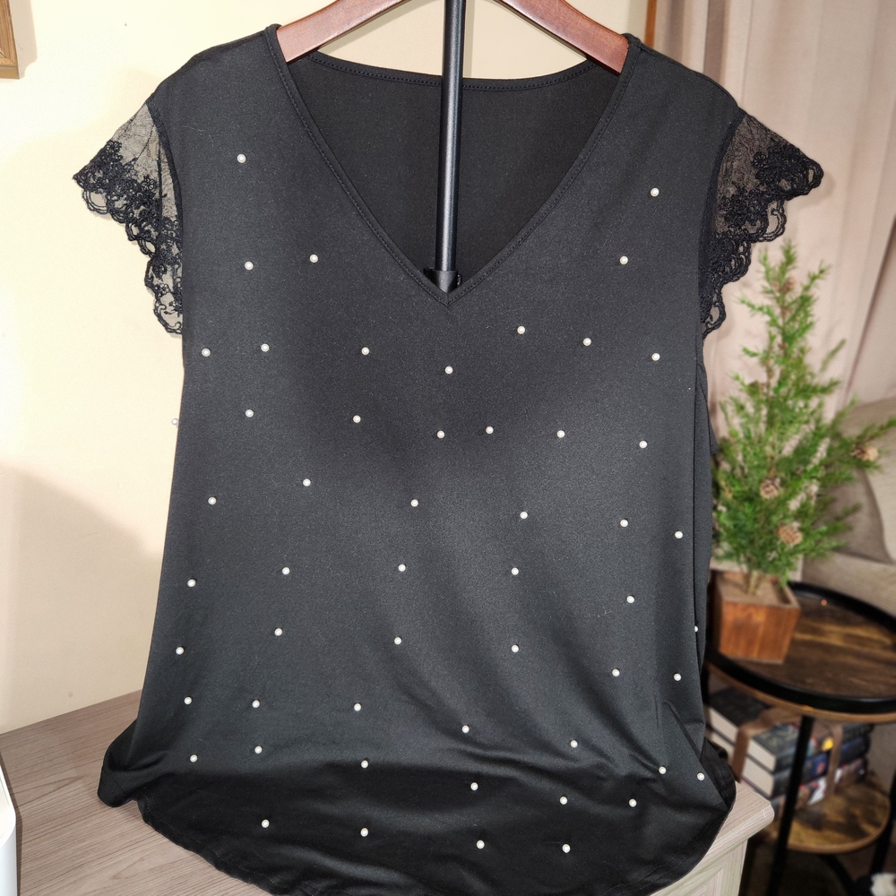 SHEIN Black Blouse with Lace Sleeves and Pearl Accents